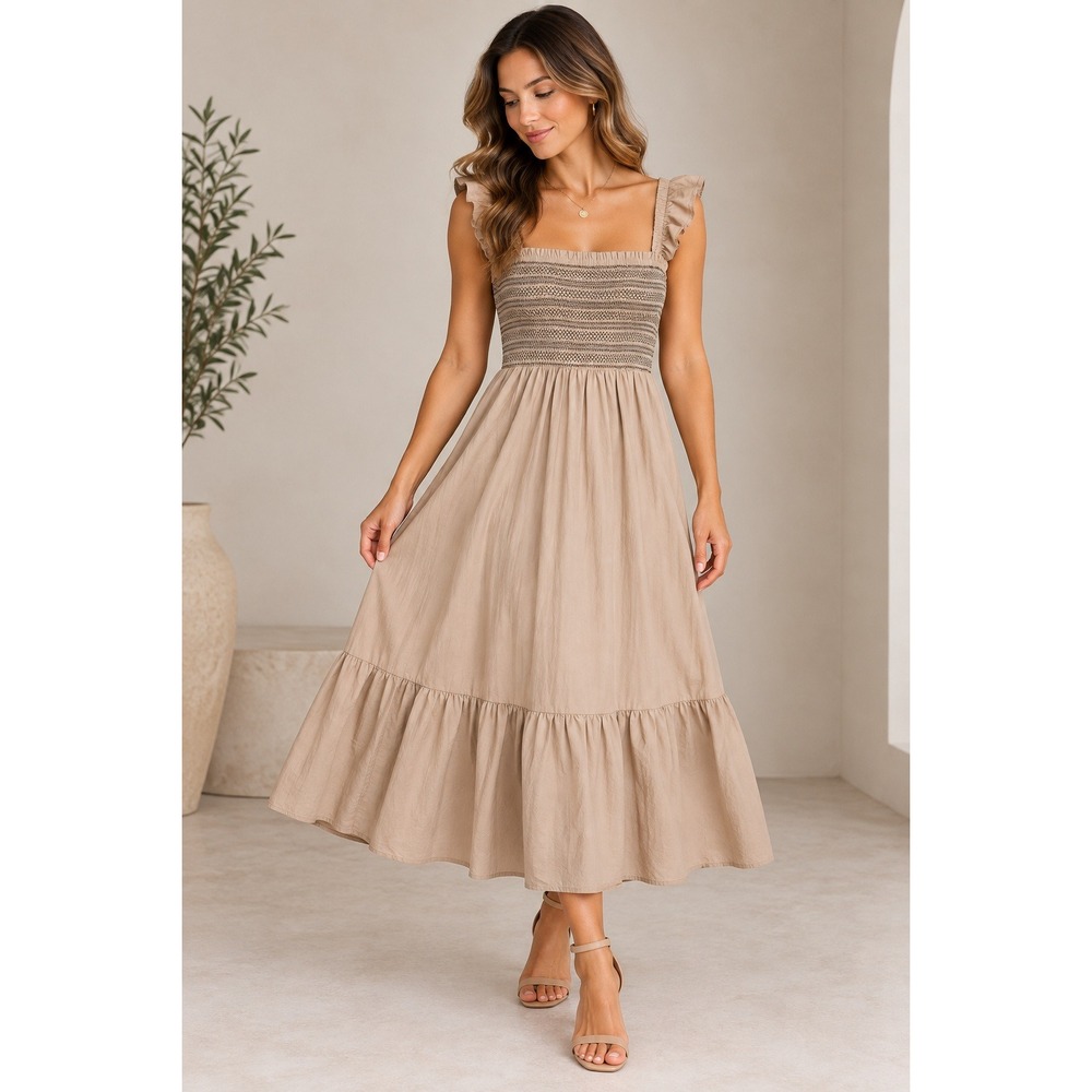 Ann Taylor Midi Dress Womens Large Tan Smocked Ruffle Tiered Cotton Blend